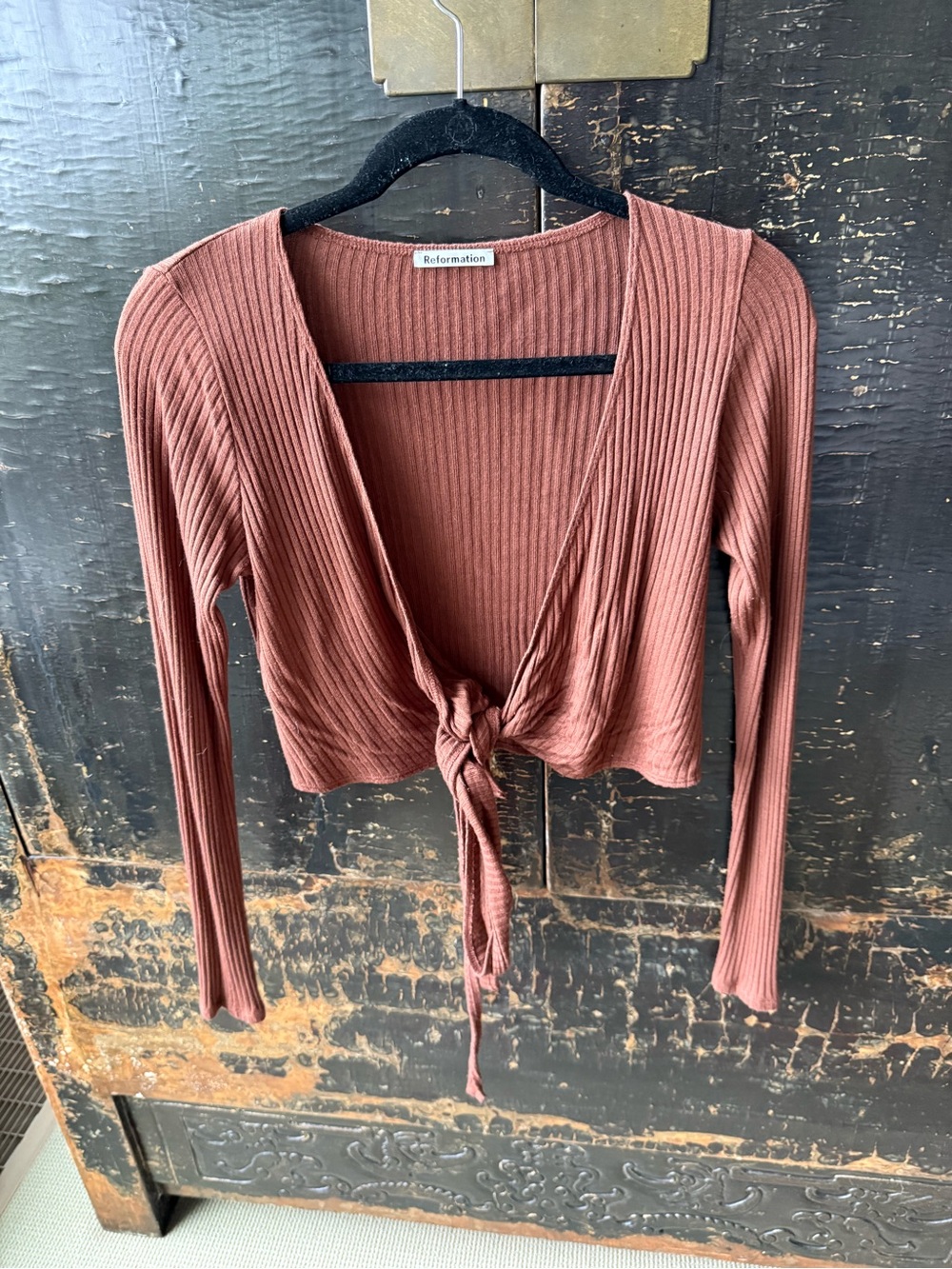 Reformation Ribbed Tie-Back Long Sleeve Top in Mauve